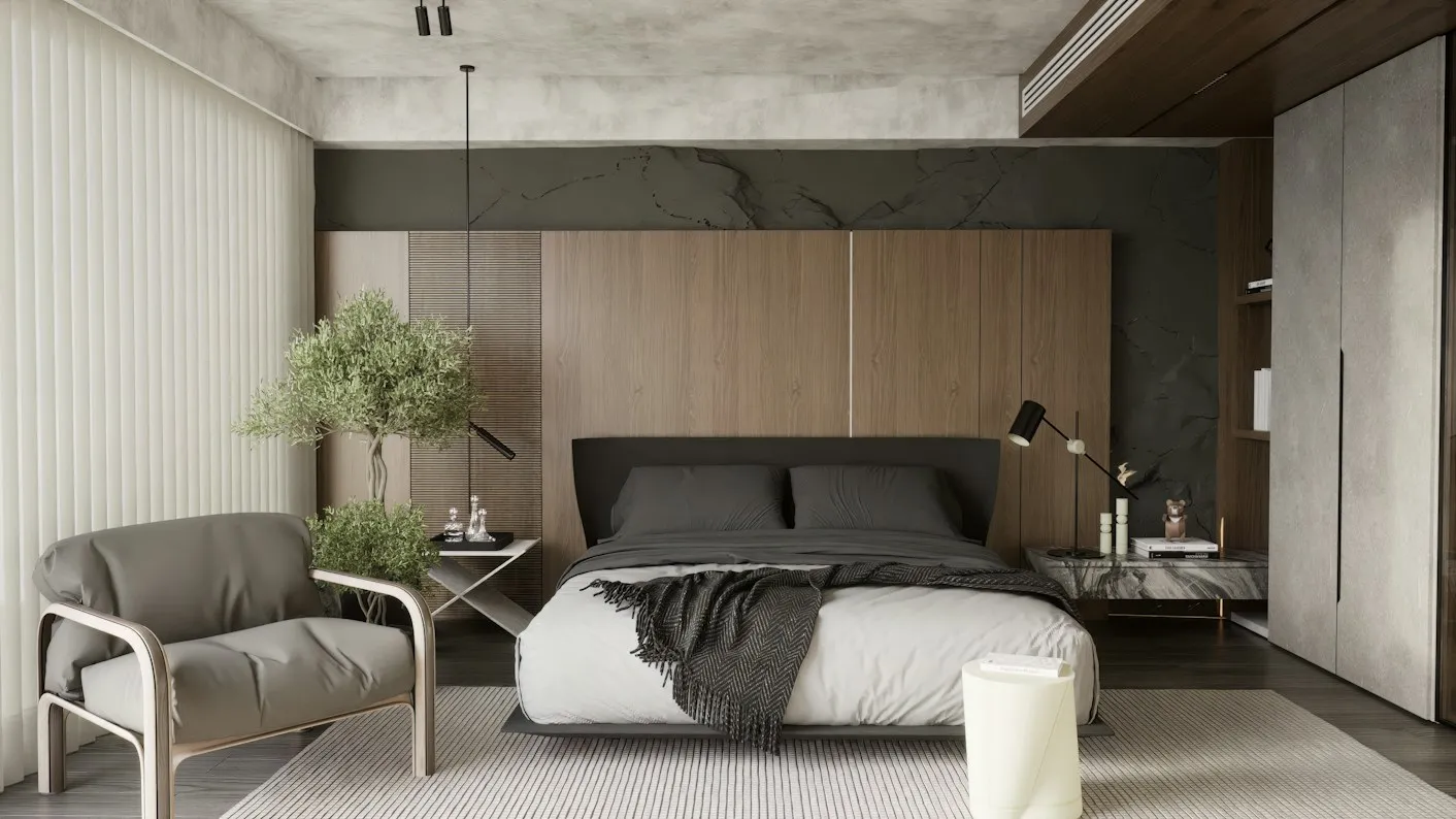 Bedroom with timber wall panels and a garden view