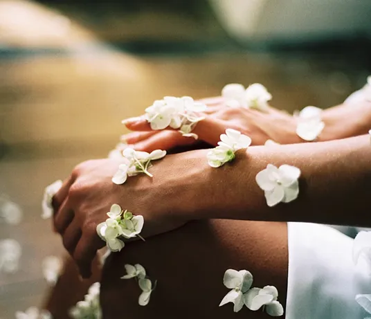 Hands covered in white flower petals beside water