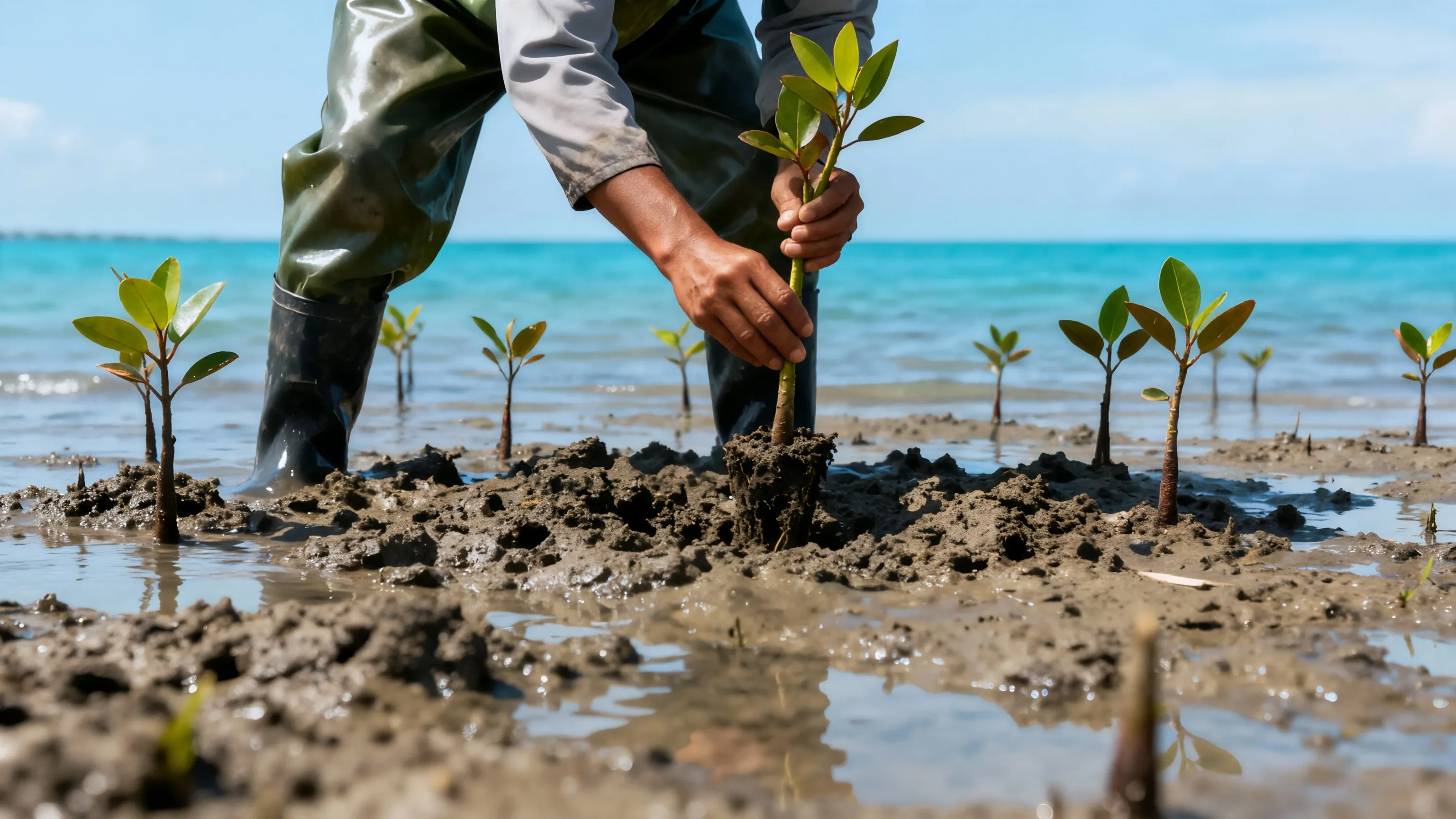 Hands planting a mangrove seedling in tidal mud with the sea behind
