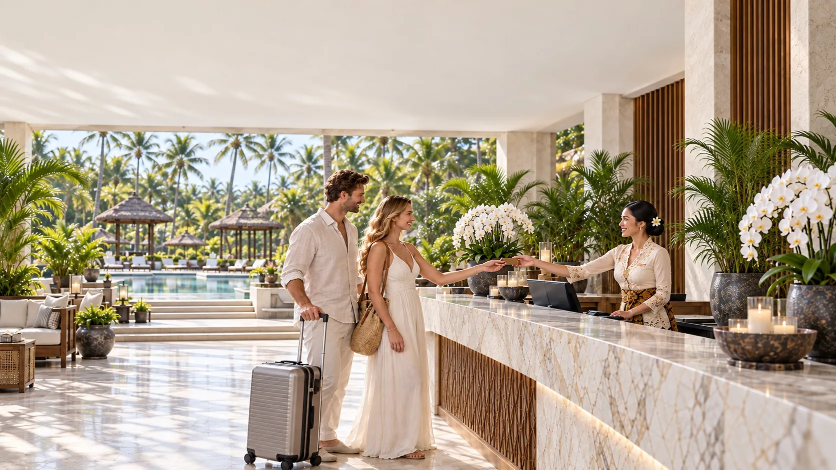 Couple being welcomed at a marble reception desk in an open-air lobby with palms and orchids