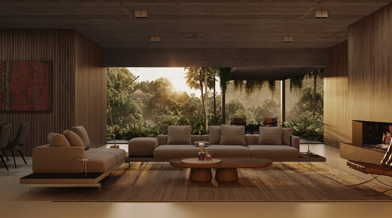 Villa lounge with low sofas opening onto a garden