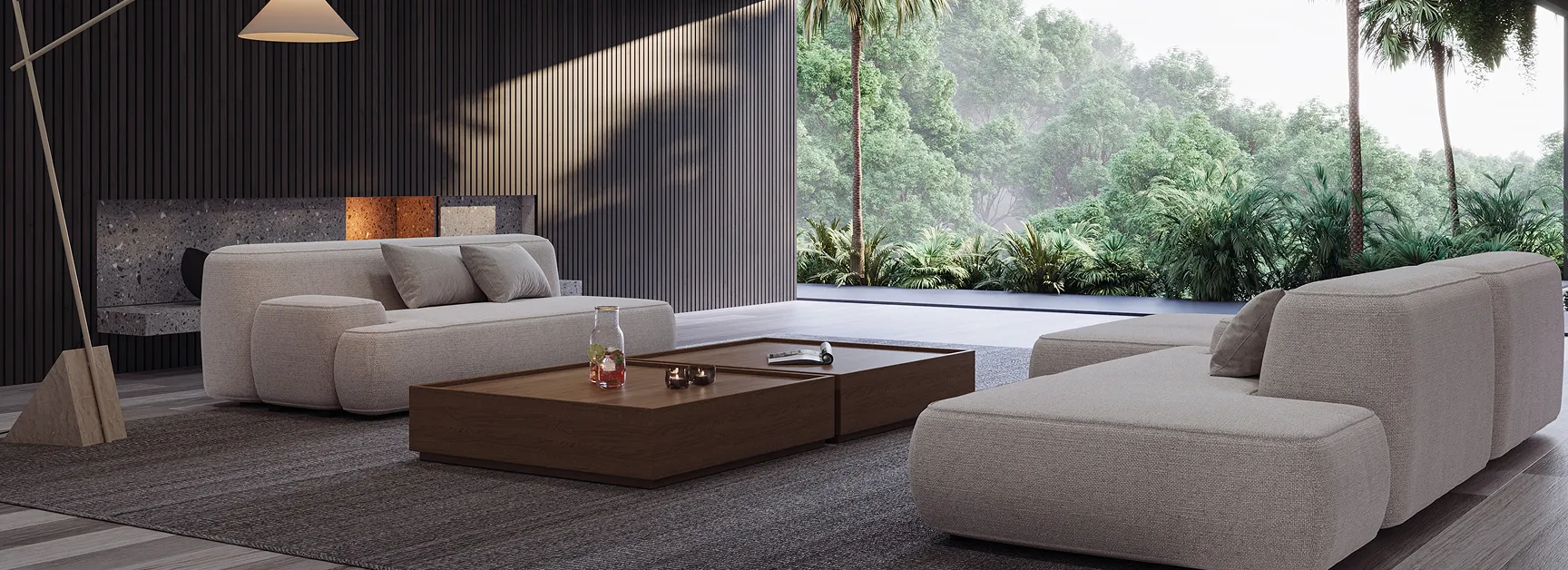 Open-plan villa living room with low sofas and a walnut coffee table, opening fully onto tropical gardens