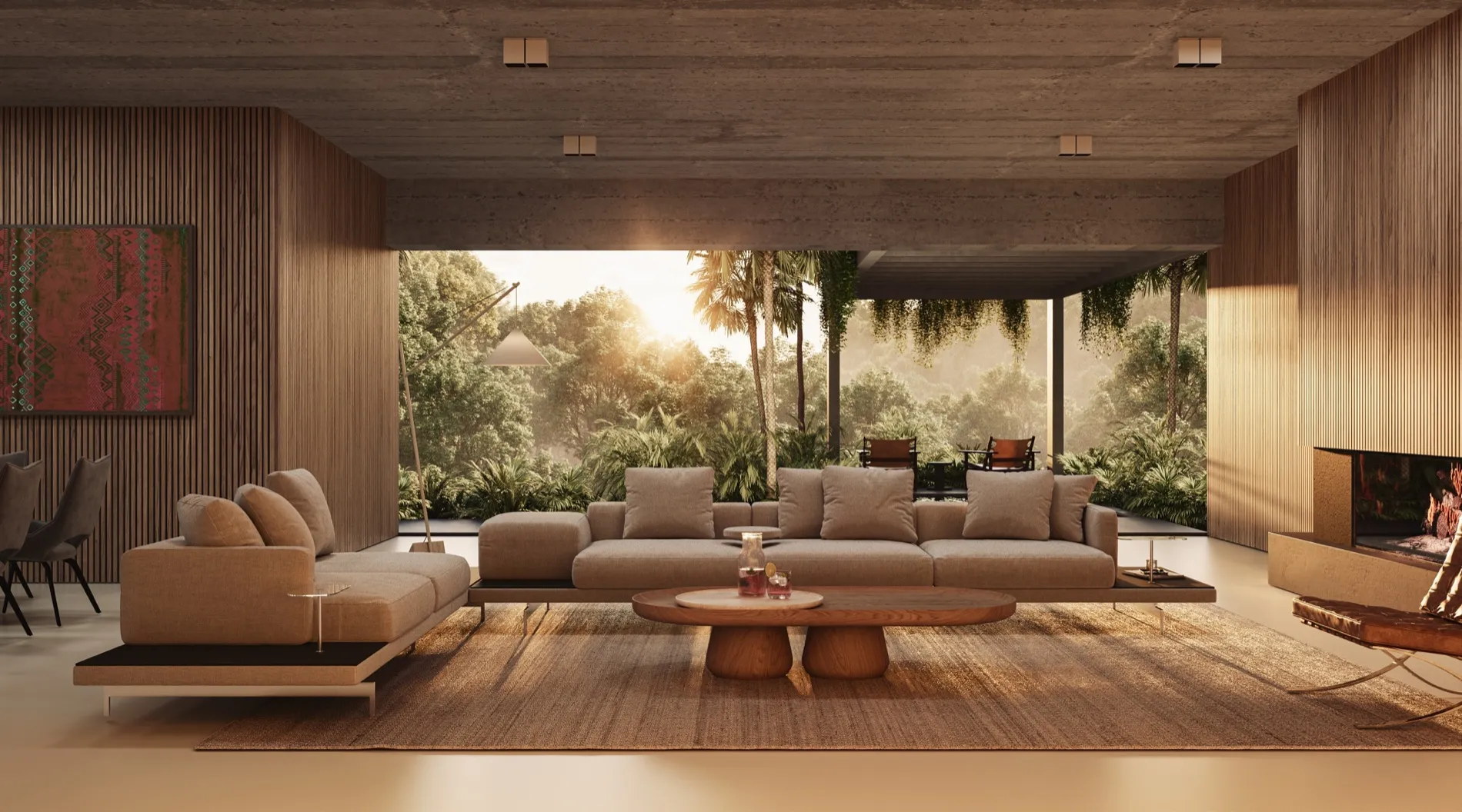Sunlit open-plan lounge with low sofas facing a tropical garden