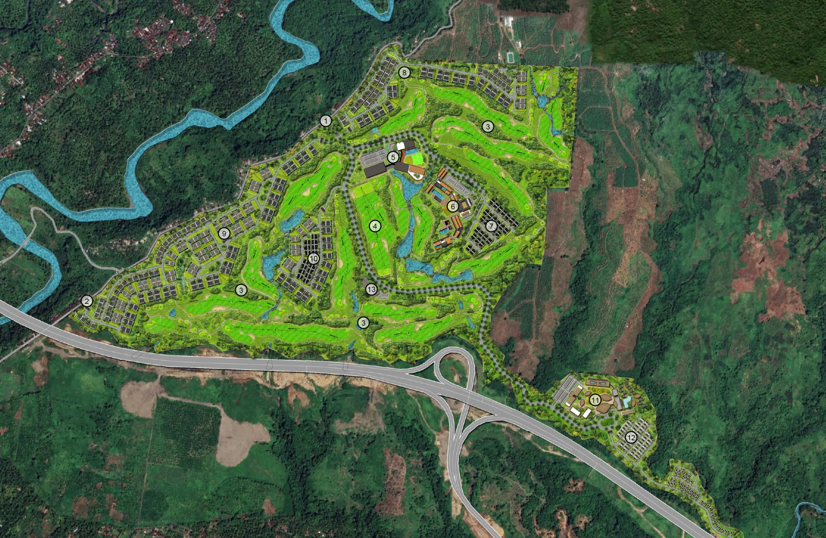 Satellite view of The Jembrana Estate masterplan: golf course, villa clusters and the highway interchange
