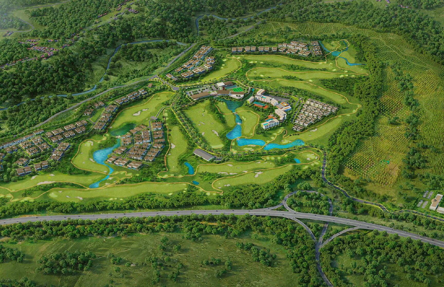 Aerial masterplan of The Jembrana Estate: golf course, lakes and villa clusters set in forested hills beside the highway