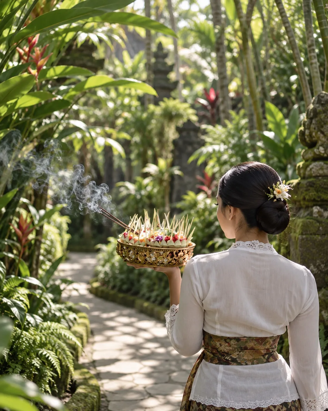 Balinese woman in a white kebaya carrying a canang offering with incense through a garden